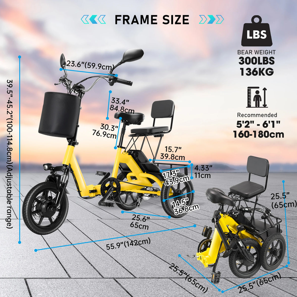 Peak 500W Brushless Folding Electric Trike With 480Wh Removable Battery